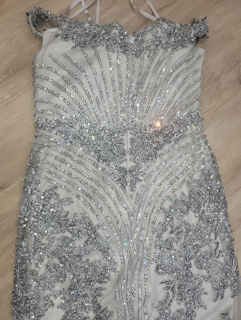 Embellished Silver-Accent White Evening Gown